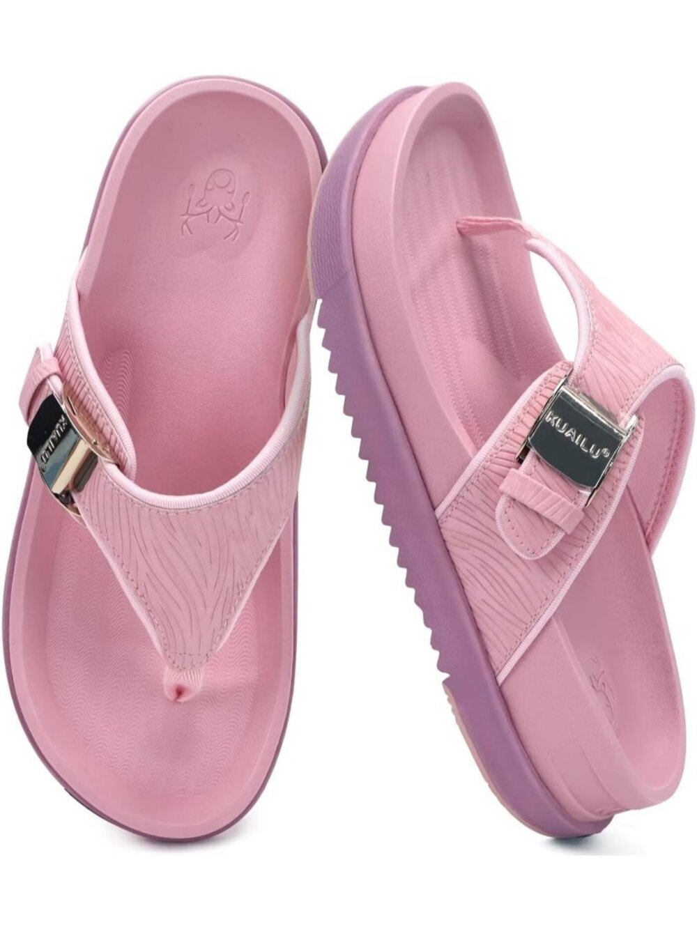 Women's Pink Faux Leather Summer Open Toe Flip Flop Walking Beach Cushion Sandal